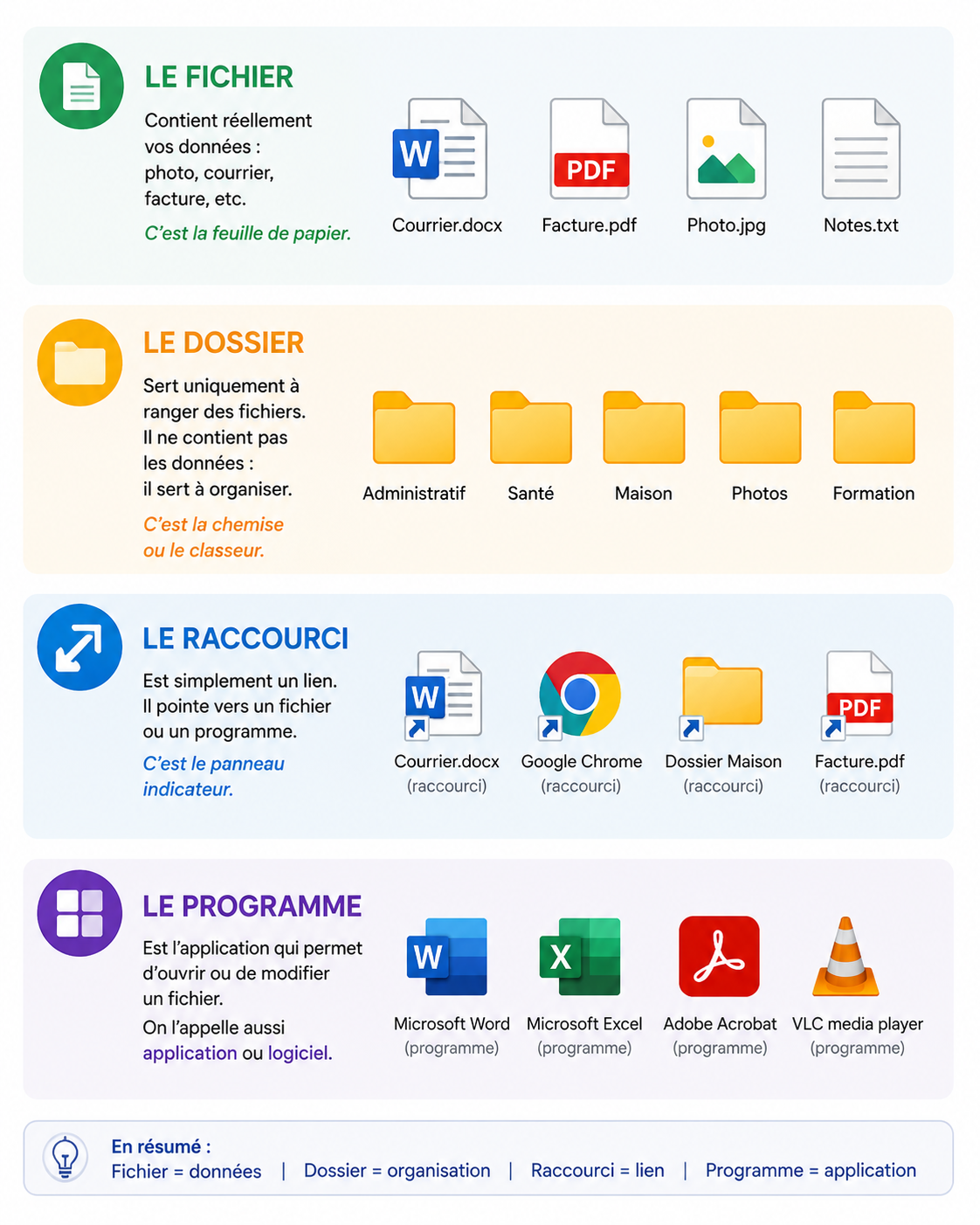 illustration expliquant la différence entre fichiers, dossiers, raccourcis, programmes