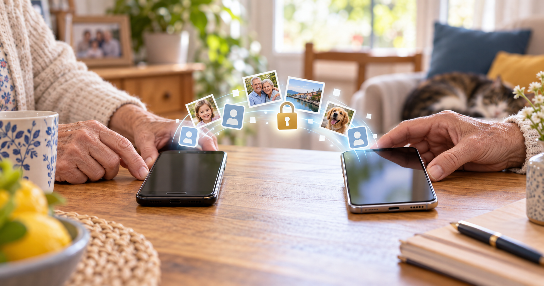 Deux téléphones posés sur une table pendant le transfert sécurisé de photos et de contacts