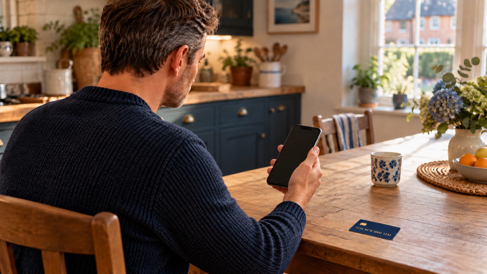 Un homme regarde son smartphone, une carte bancaire au numéro fictif posée sur la table