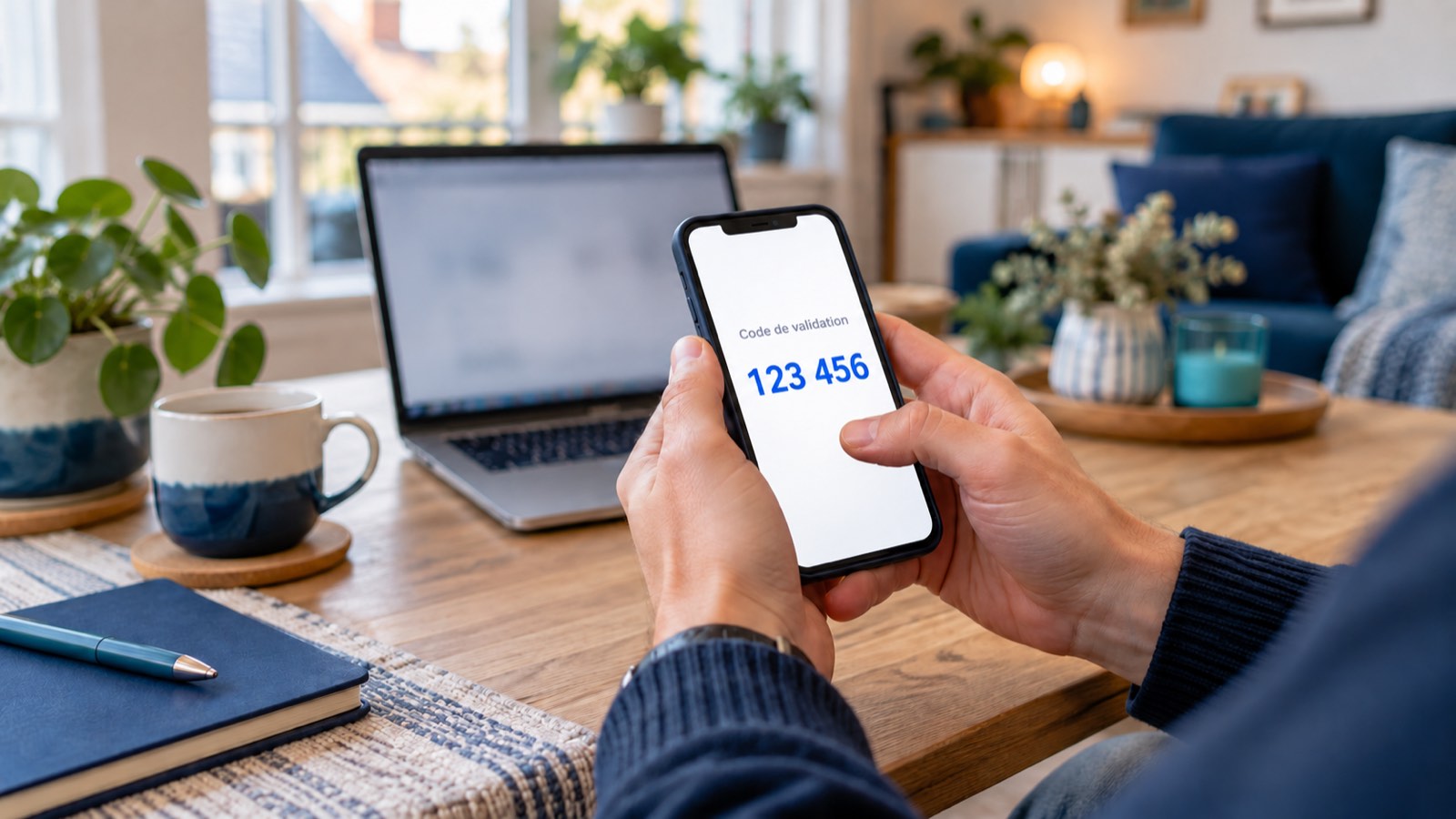 Des mains tiennent un smartphone affichant un code fictif de validation devant un ordinateur