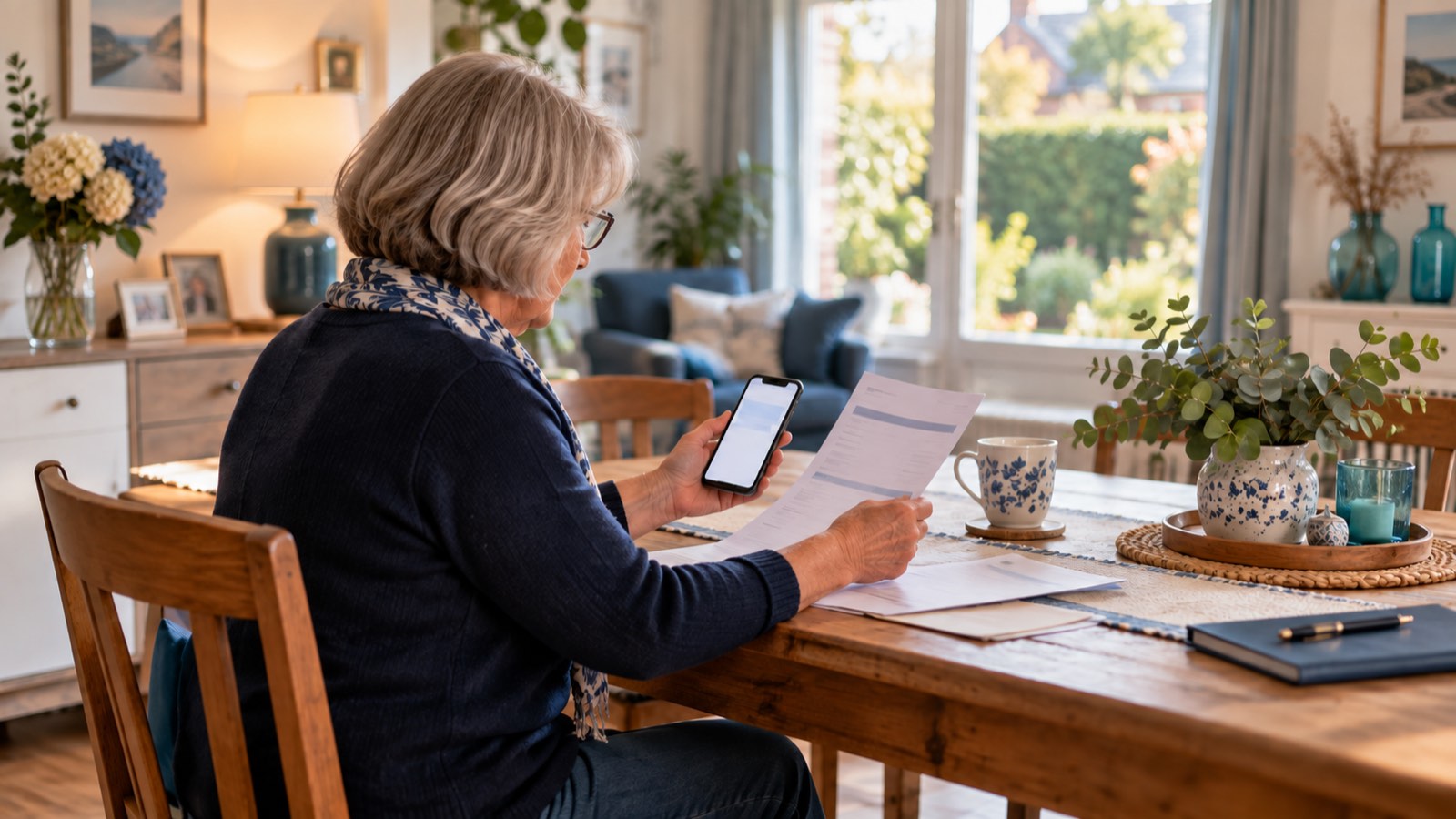Une femme compare un message sur son téléphone avec une facture papier à sa table
