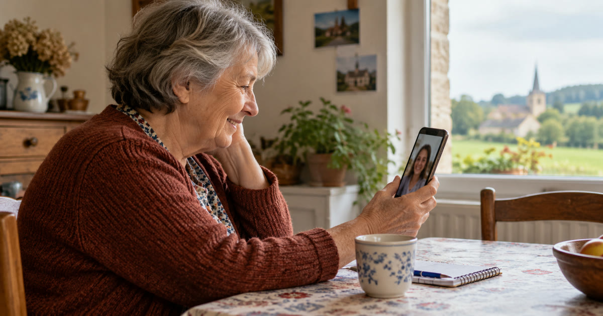 Une femme âgée sourit pendant un appel vidéo avec une proche, assise à sa table