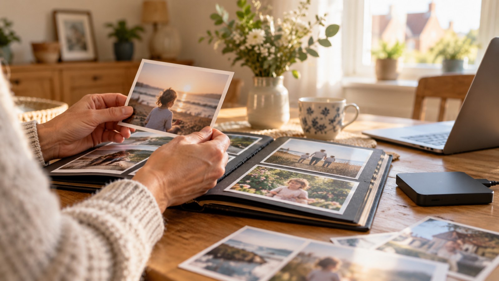 Une personne regarde un album de photos près d'un disque externe