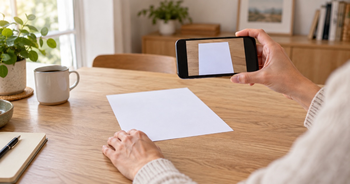 Une personne photographie une feuille posée à plat avec son smartphone, à la maison