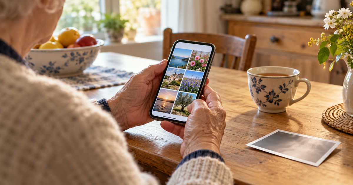 Une personne choisit des photos sur son téléphone à la maison