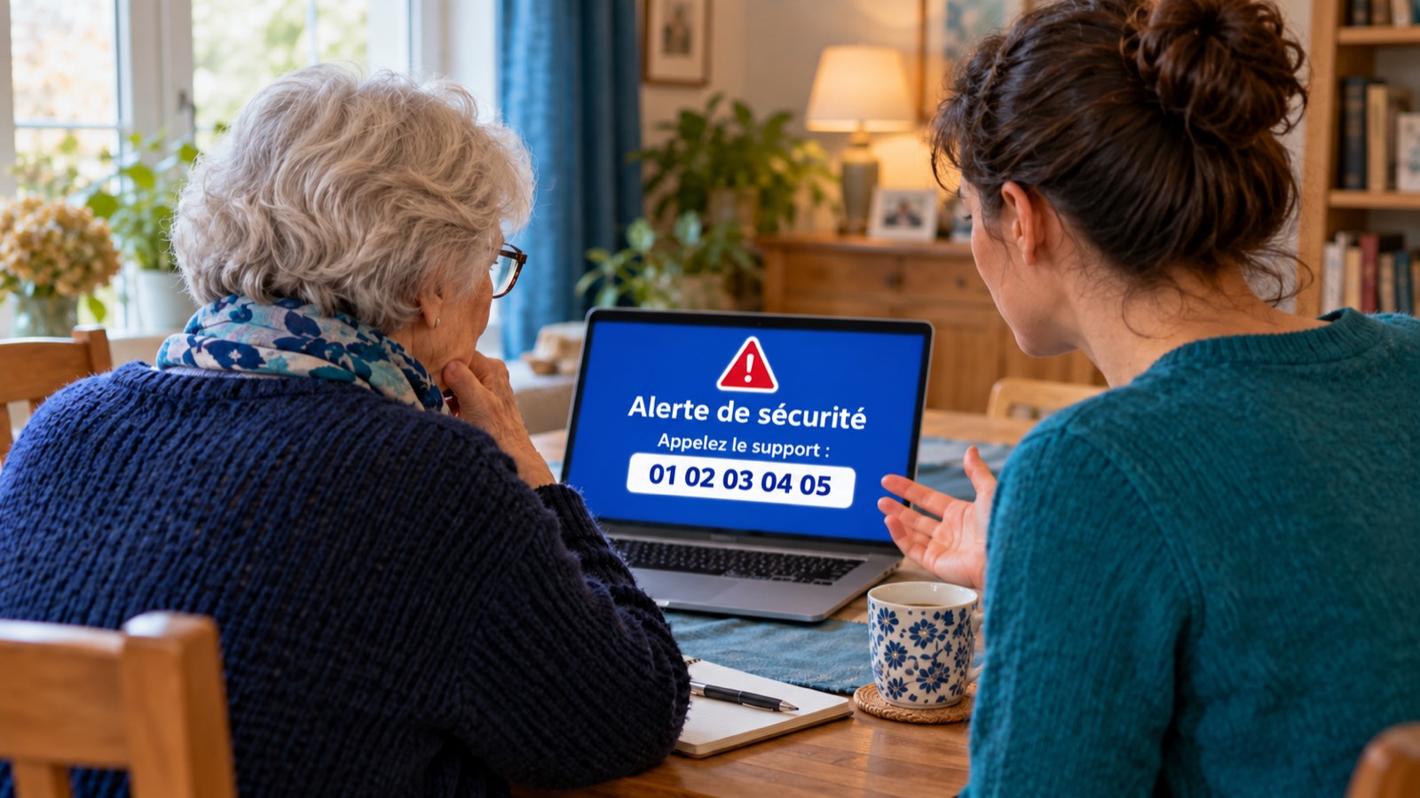 Deux personnes regardent une fausse alerte de sécurité bleue sur un ordinateur